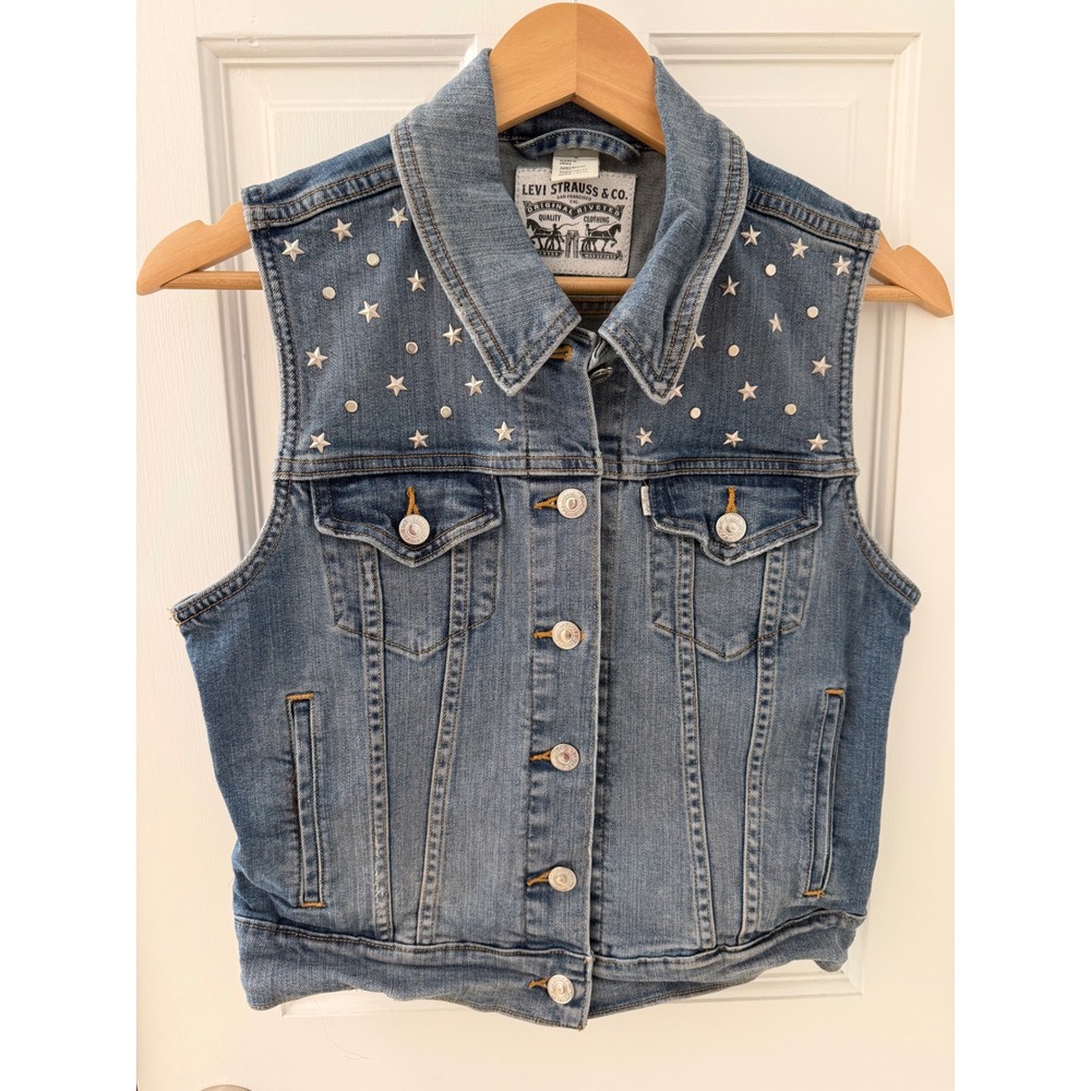 Levi's Studded Star Denim Vest Blue Medium Cotton Stretch Western Americana